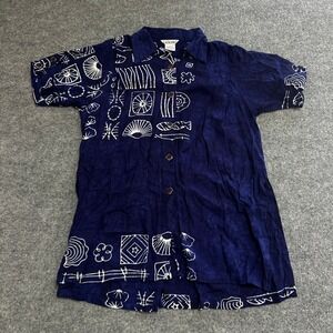 LA Blend Button Down Shirt Womens Size M Blue Rayon Batik Shell Nautical Casual
